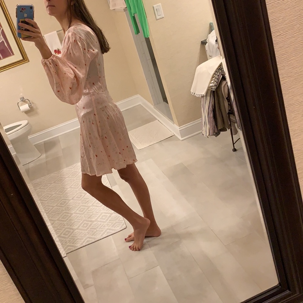 Ganni Floral V-Neck Blouson-Sleeve Mini Dres - Picture 7 of 8